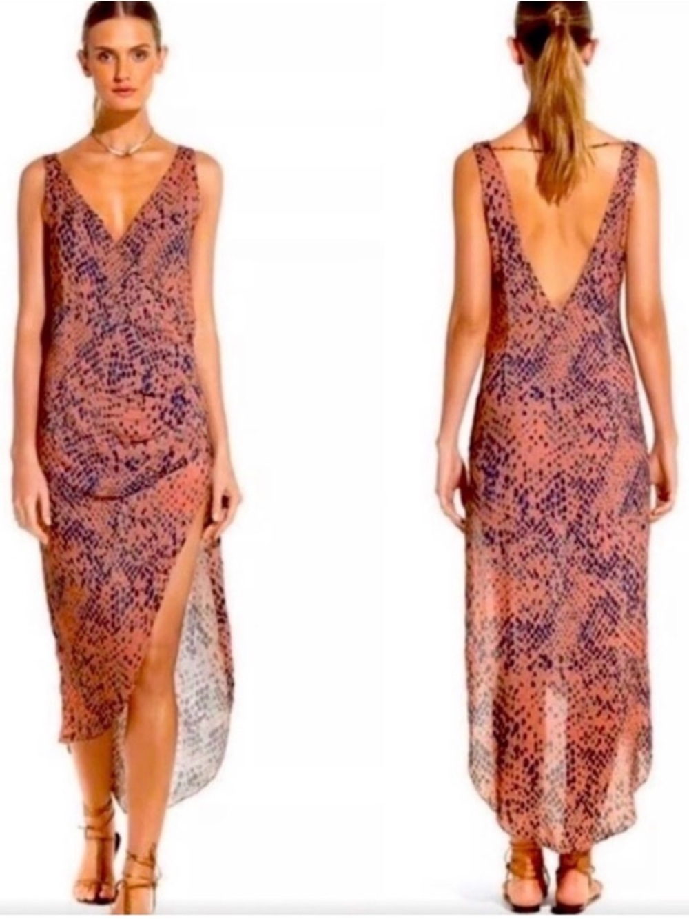 Vix Paula Hermanny Python Kristin Caftan Maxi Dress in Peach and Navy Print